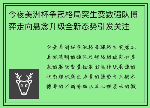 今夜美洲杯争冠格局突生变数强队博弈走向悬念升级全新态势引发关注 今夜美洲杯争冠格局突生变数强队博弈走向悬念升级全新态势引发关注